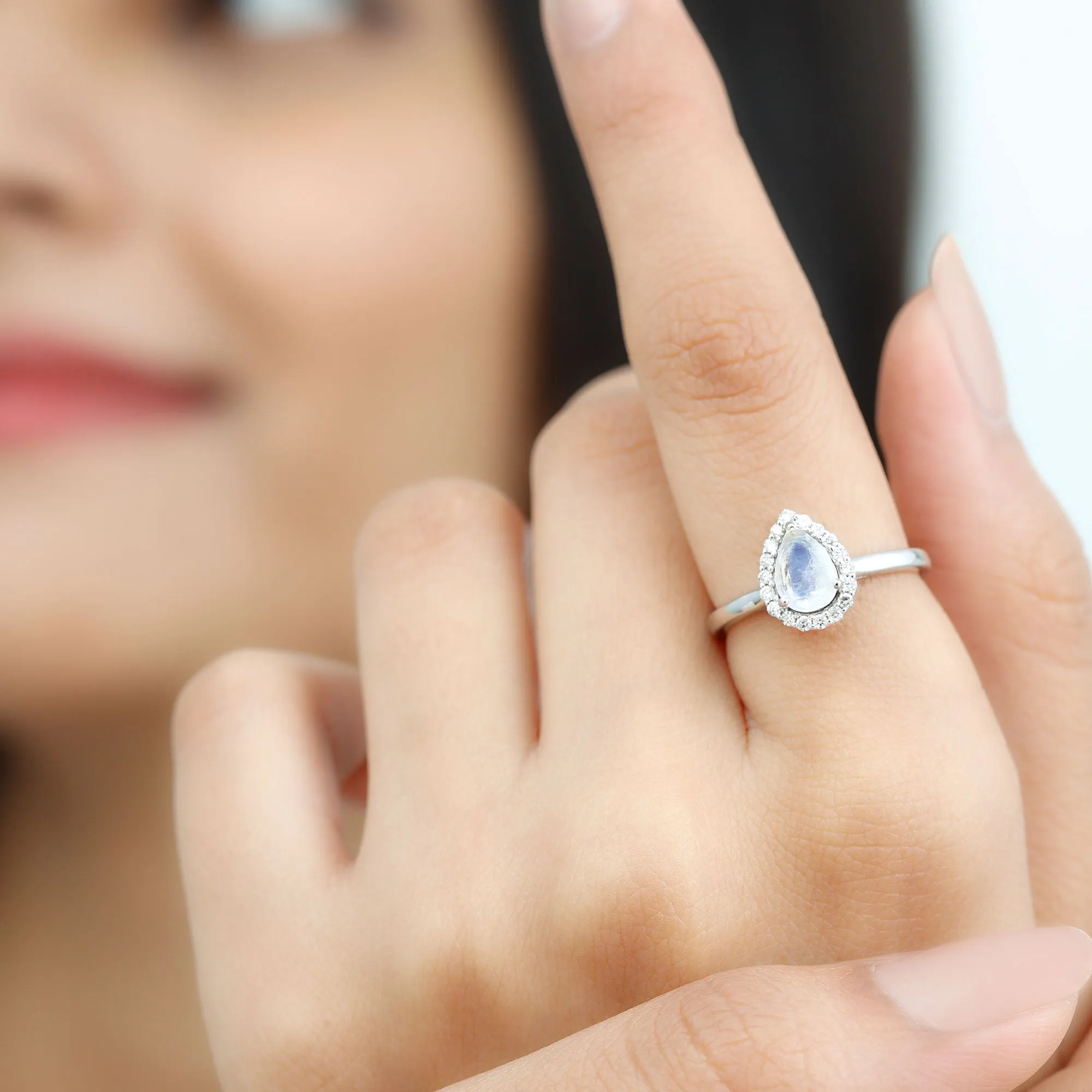 1 CT Teardrop Moonstone Ring with Diamond Accent