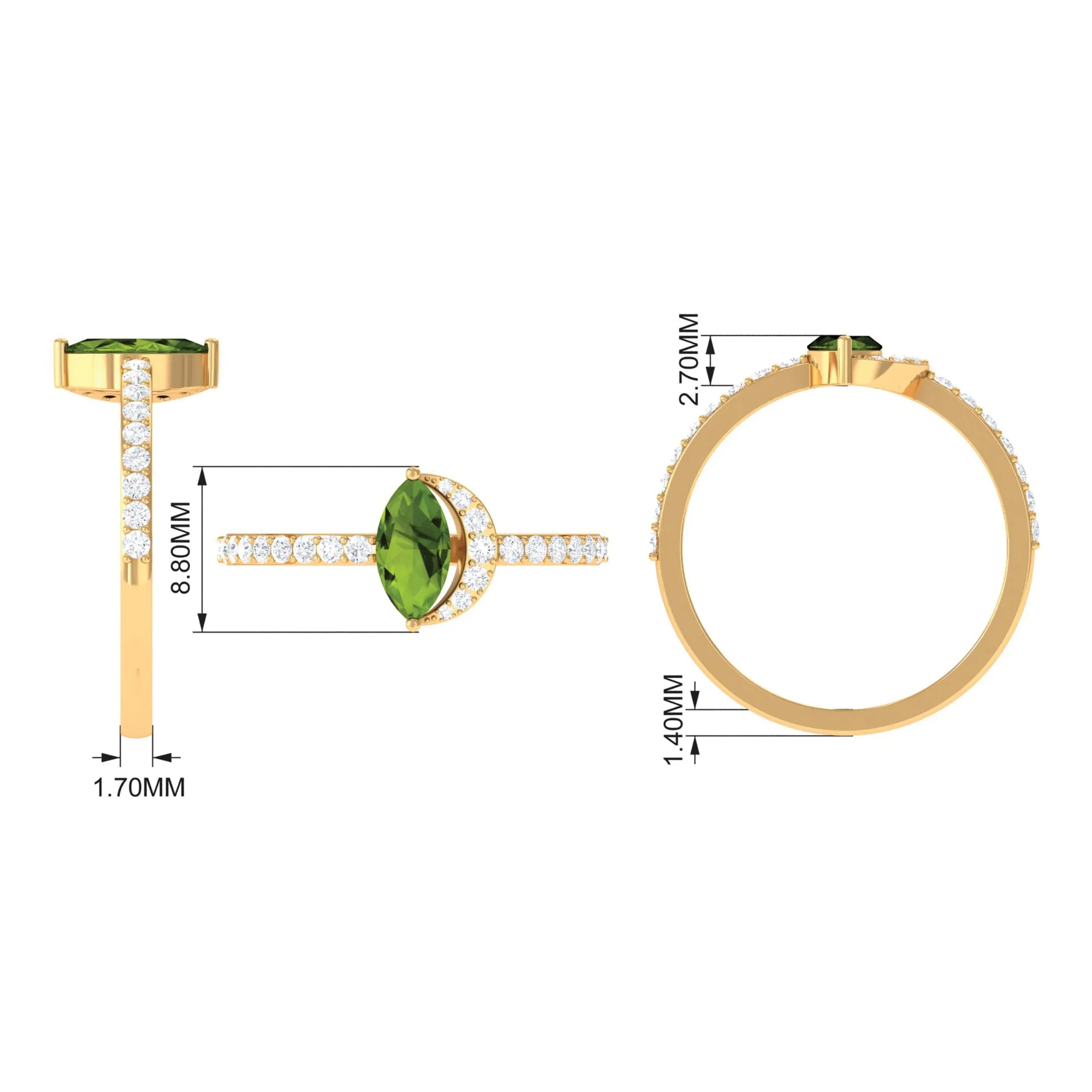 1.25 CT Minimal Marquise Cut Peridot Ring with Diamond Accent