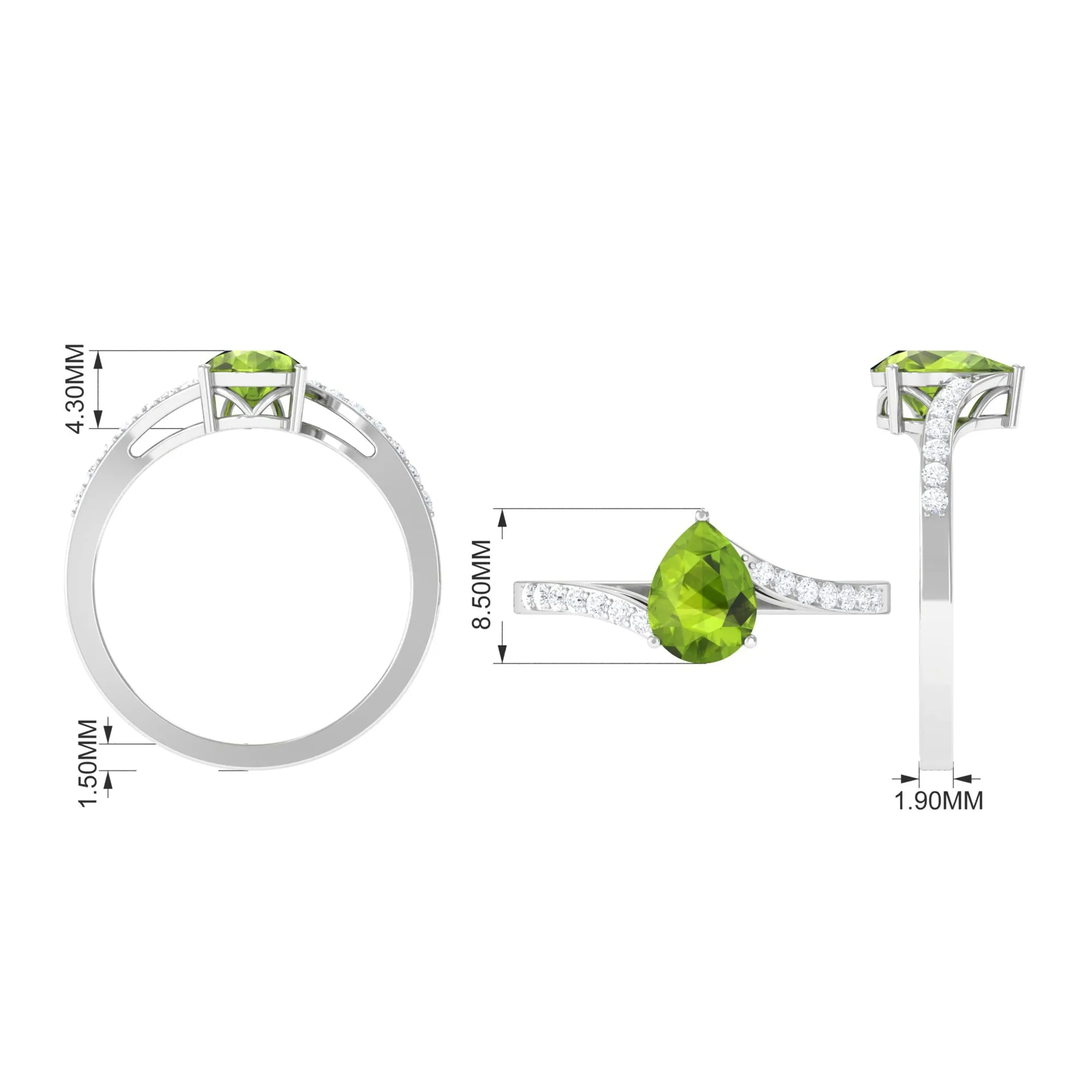 1.25 CT Pear Peridot Solitaire Bypass Ring with Diamond