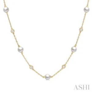 1/4 ctw Yellow 5MM Cultured Pearls and Round Cut Diamond Station Necklace in 14K Yellow Gold