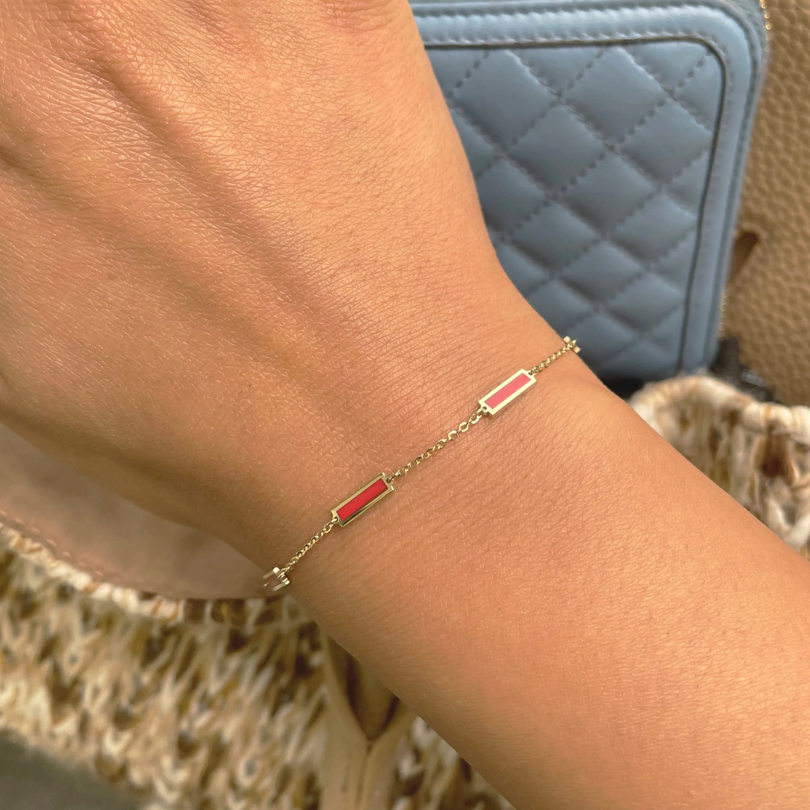 14k Gold & Coral Station Bar Bracelet