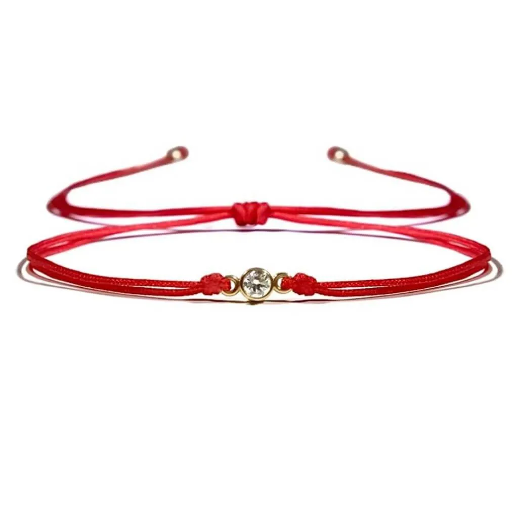 14K Gold Diamond Bezel Red String Bracelet - Luck & Protection