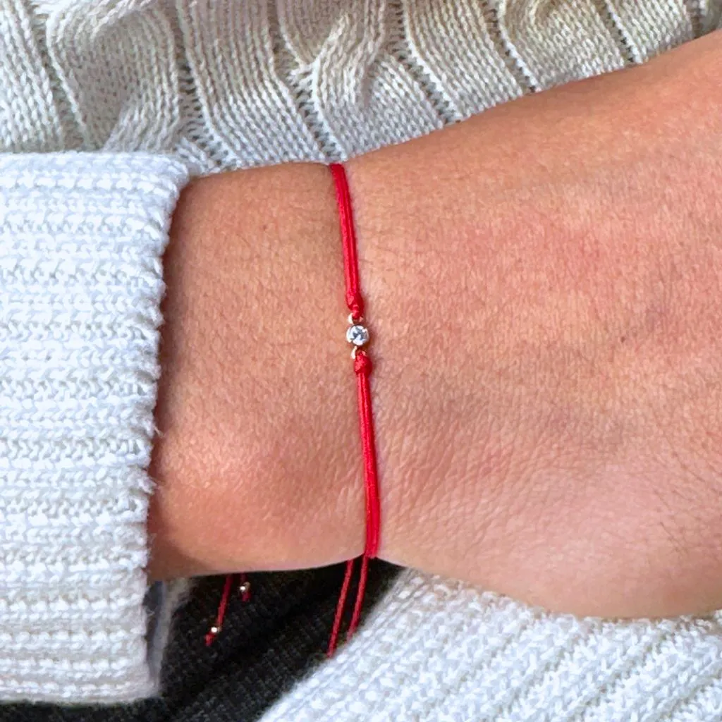 14K Gold Diamond Bezel Red String Bracelet - Luck & Protection