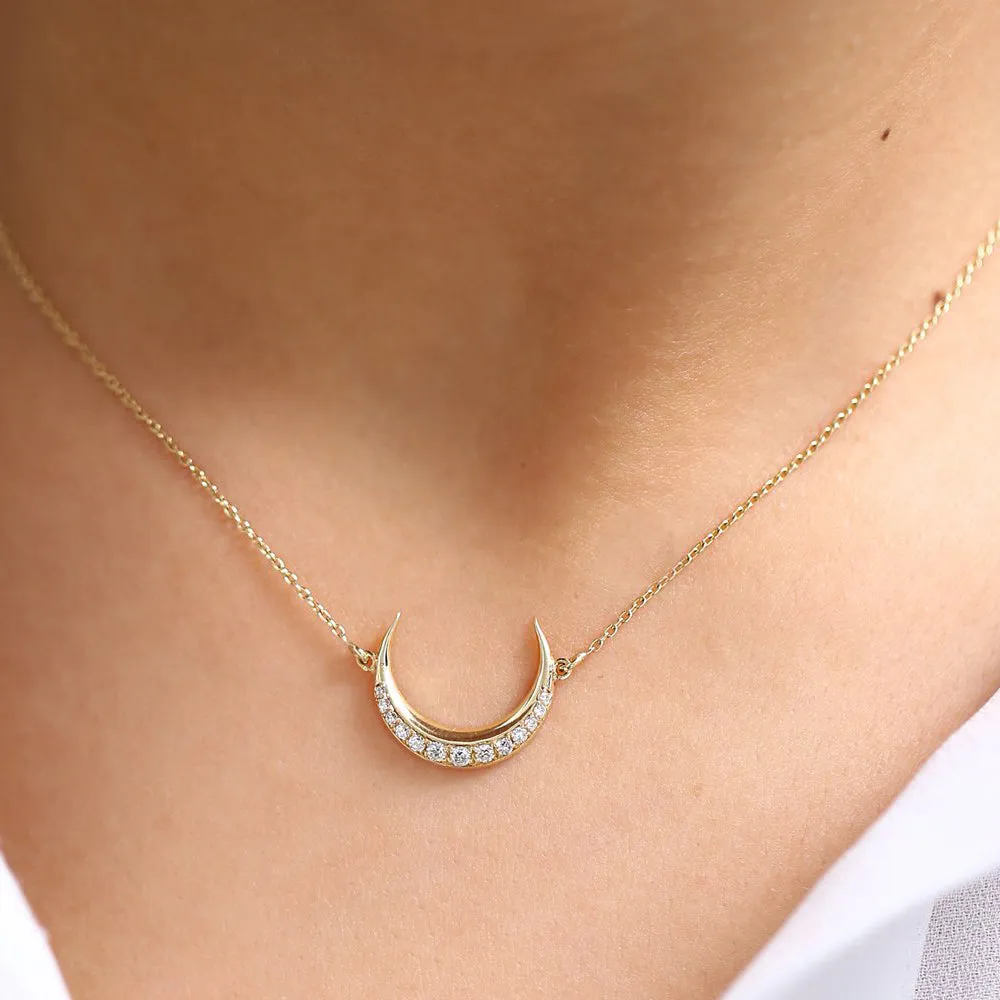 14K Gold Diamond Crescent Moon Necklace