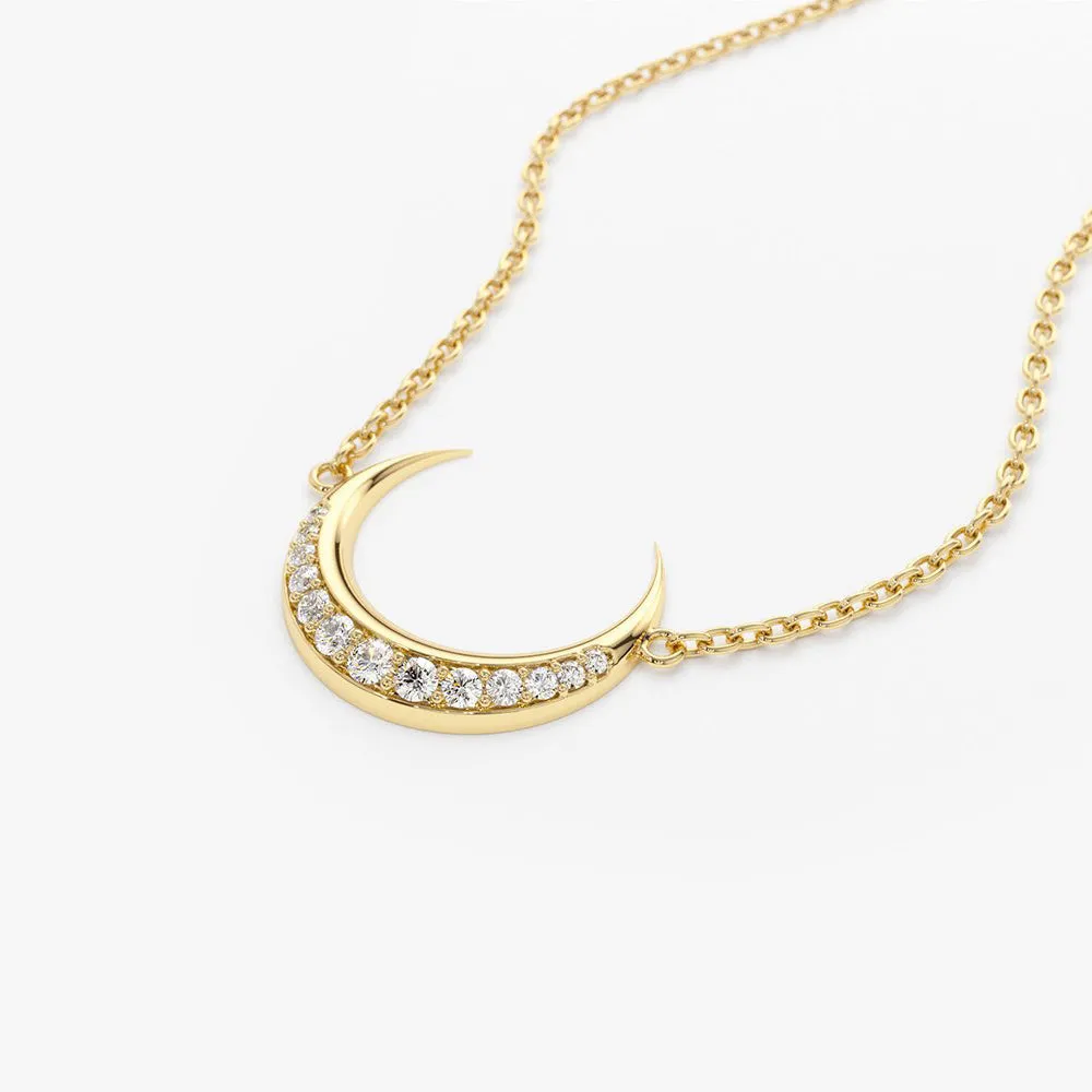 14K Gold Diamond Crescent Moon Necklace