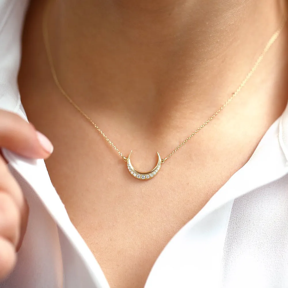 14K Gold Diamond Crescent Moon Necklace