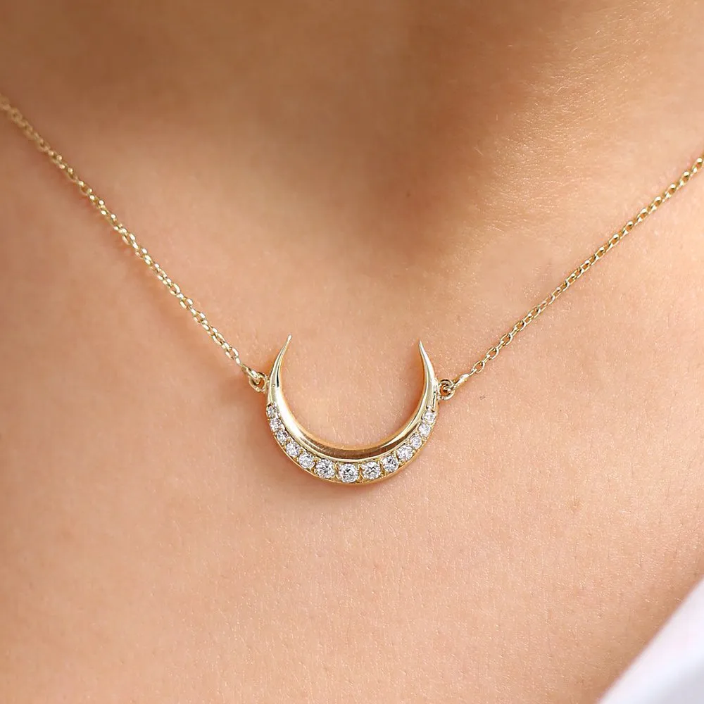 14K Gold Diamond Crescent Moon Necklace