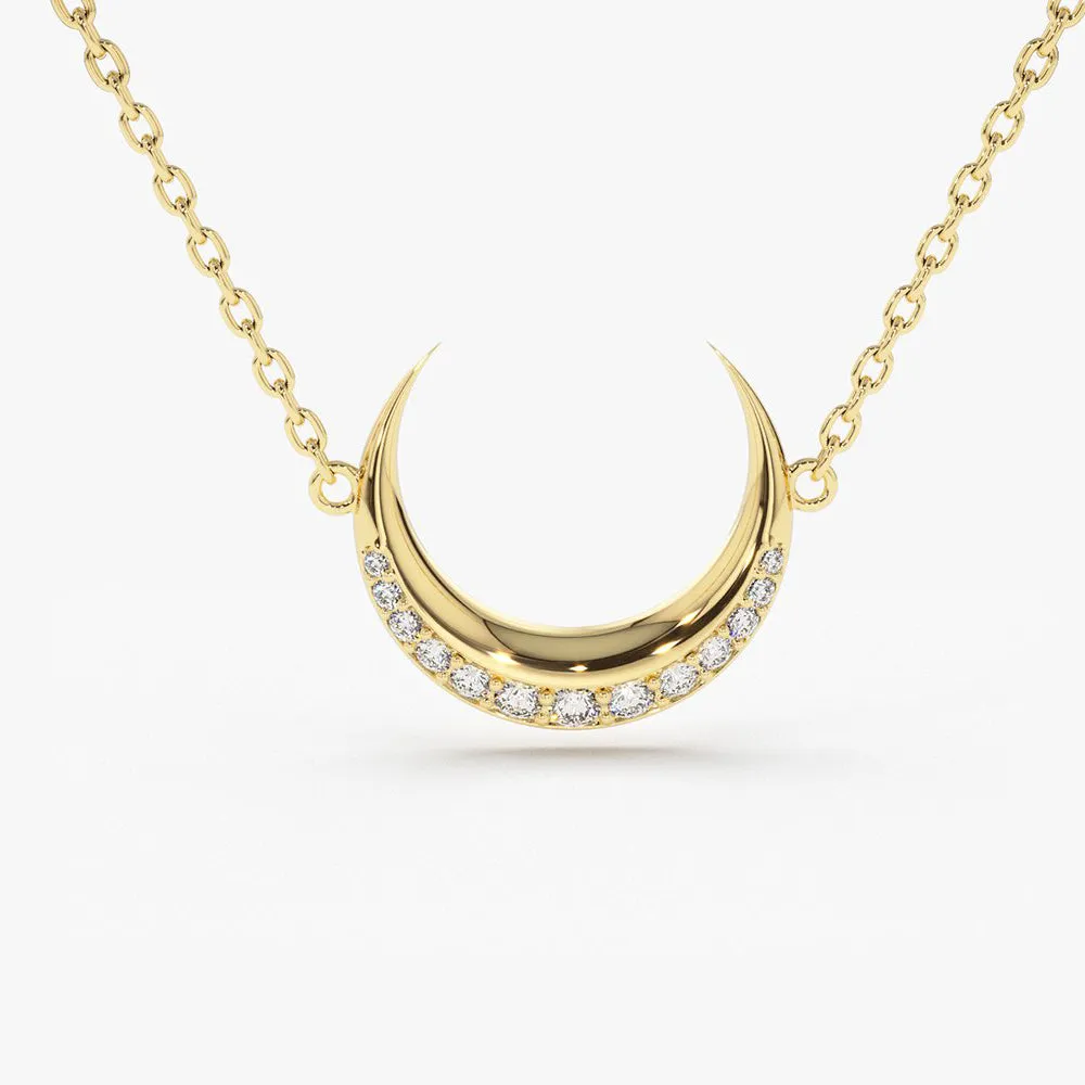 14K Gold Diamond Crescent Moon Necklace