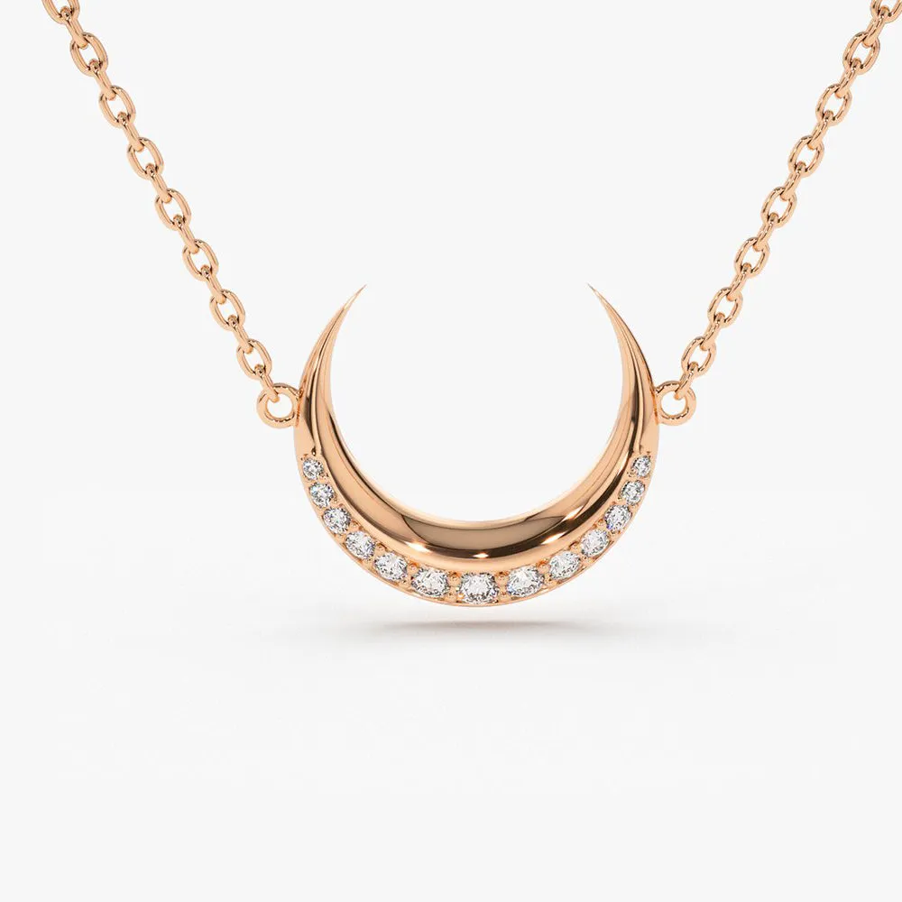 14K Gold Diamond Crescent Moon Necklace