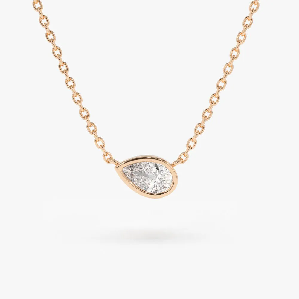 14K Gold Horizontal Pear Shape Diamond Solitaire Necklace