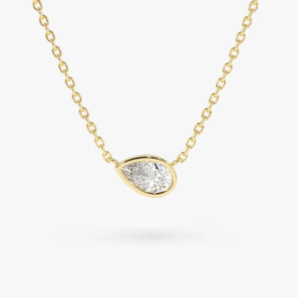 14K Gold Horizontal Pear Shape Diamond Solitaire Necklace