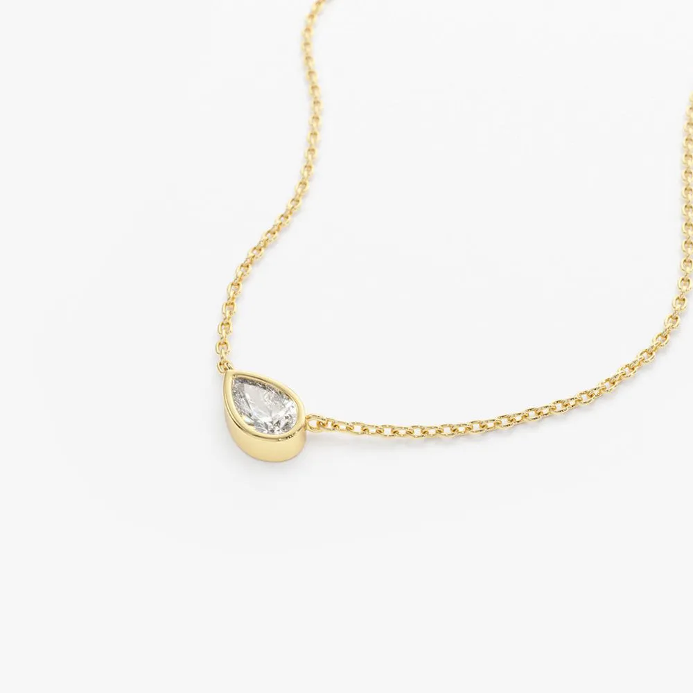 14K Gold Horizontal Pear Shape Diamond Solitaire Necklace