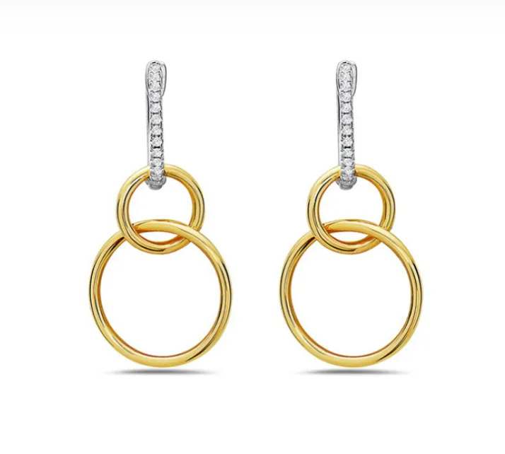 14k White & Yellow Gold Interlocking Link Hoop Dangle Earrings w/ Diamonds (I8422)