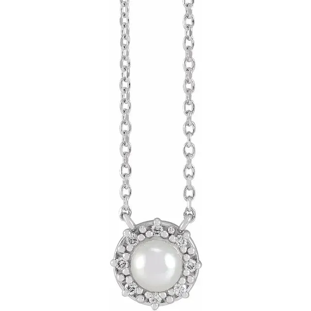 14K White Gold .03 CTW Natural Diamond Semi-Set Halo-Style 18" Necklace for 4-4.5 mm Pearl