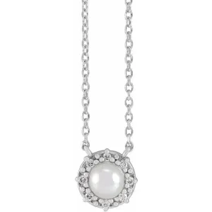 14K White Gold .03 CTW Natural Diamond Semi-Set Halo-Style 18" Necklace for 4-4.5 mm Pearl