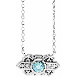 14K White Gold Natural Aquamarine & .03 CTW Natural Diamond Art Deco 18" Necklace