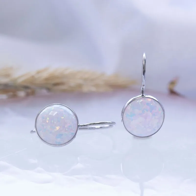 14K White Gold White Opal Classic Earrings 8mm