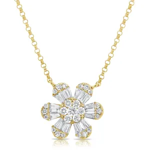 14K Yellow Gold Baguette Diamond Medium Flower Necklace