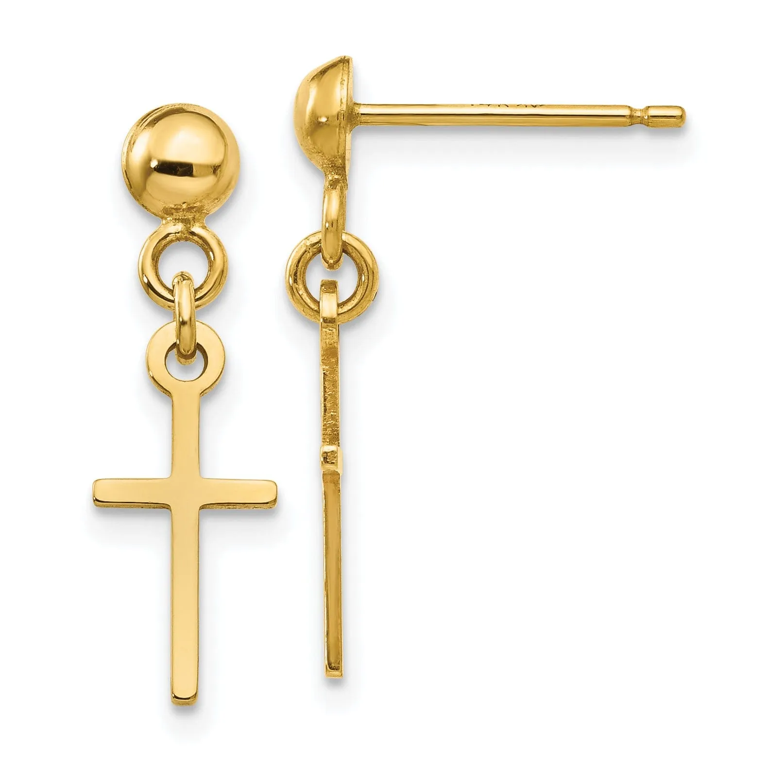 14k Yellow Gold Polished Cross Dangle Post Earring