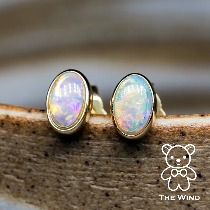 14K Yellow Gold Small Oval Australian Solid Opal Stud Earrings