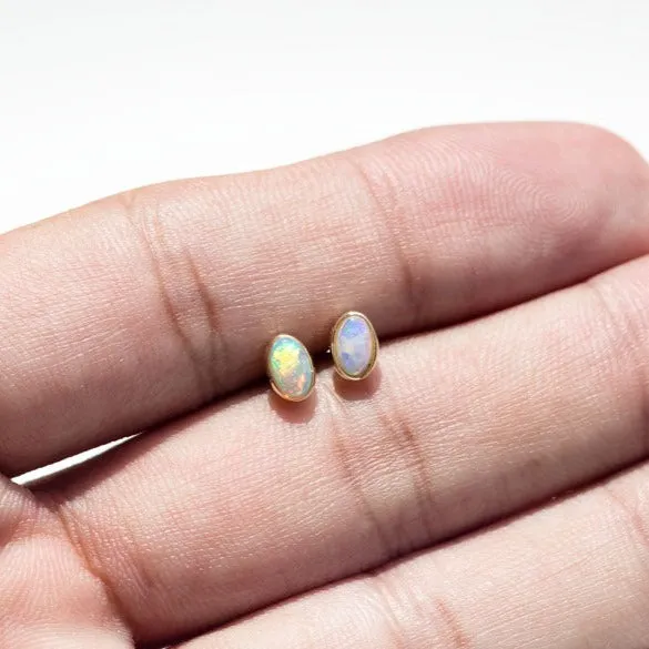 14K Yellow Gold Small Oval Australian Solid Opal Stud Earrings