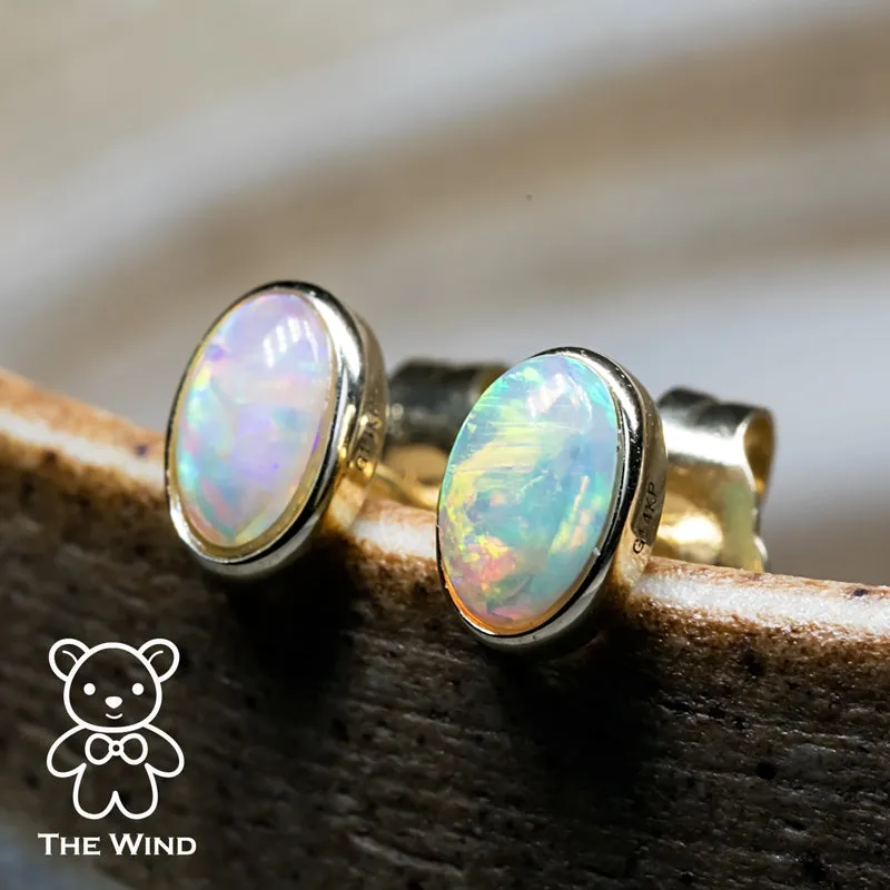 14K Yellow Gold Small Oval Australian Solid Opal Stud Earrings