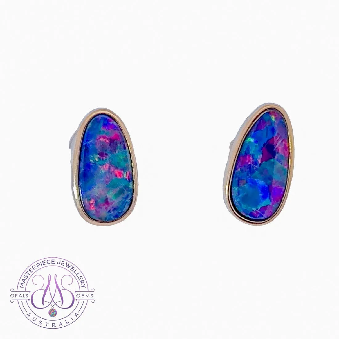 14kt long oval freeform Opal doublet studs