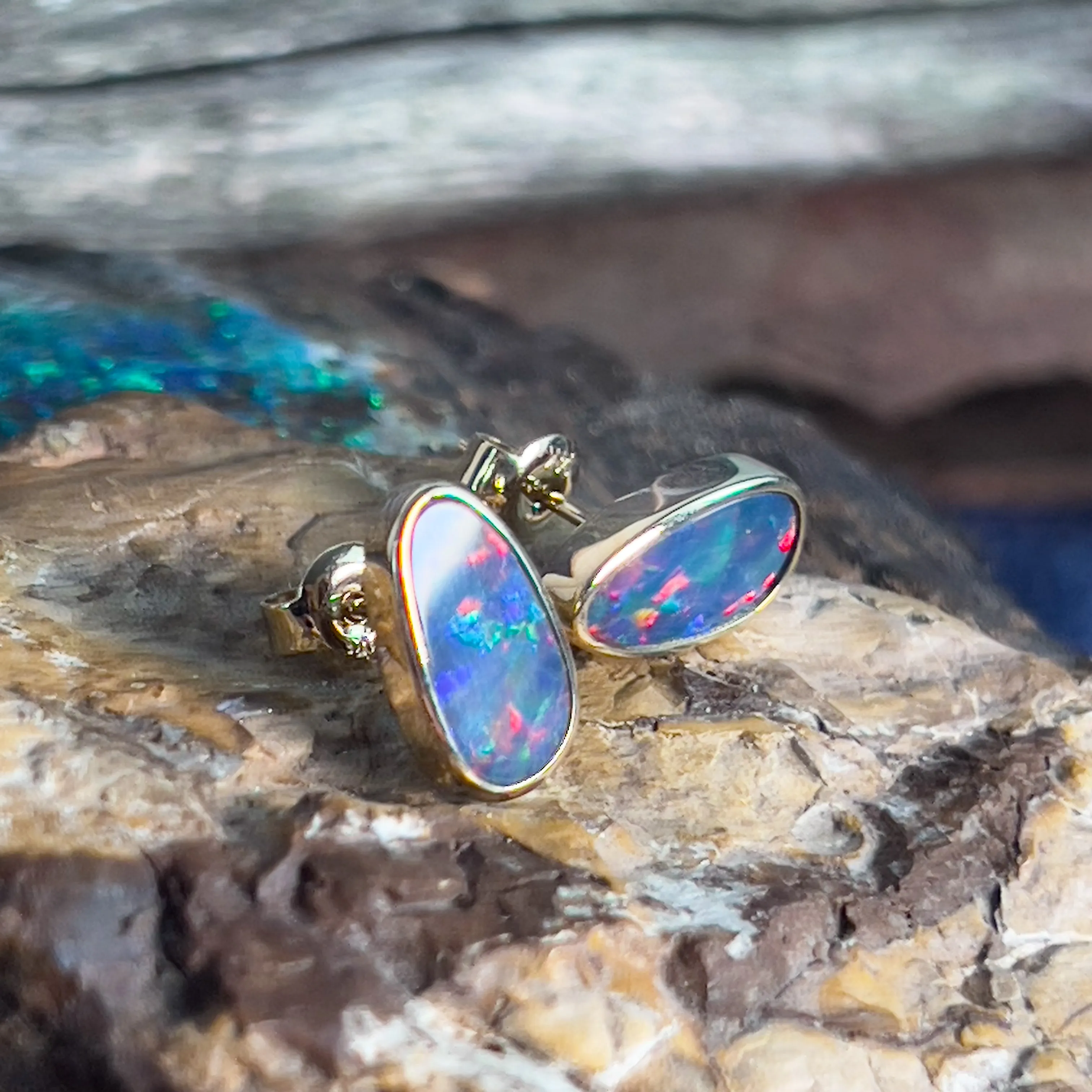 14kt long oval freeform Opal doublet studs