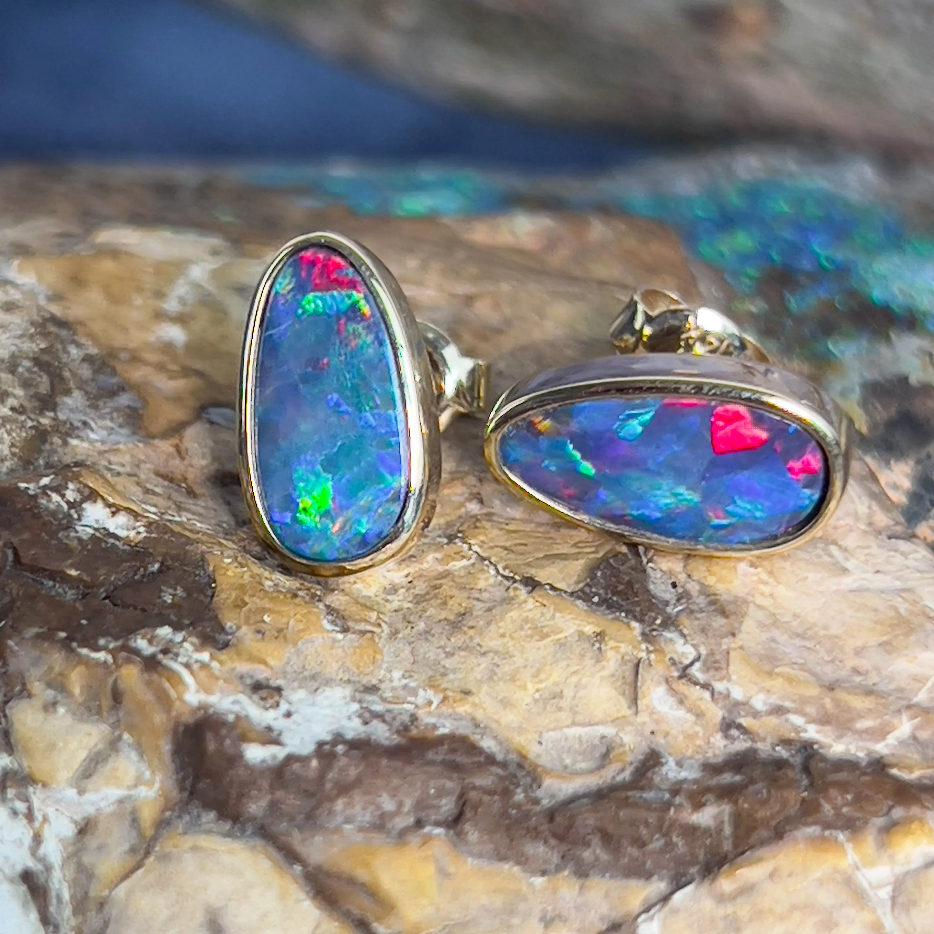 14kt long oval freeform Opal doublet studs