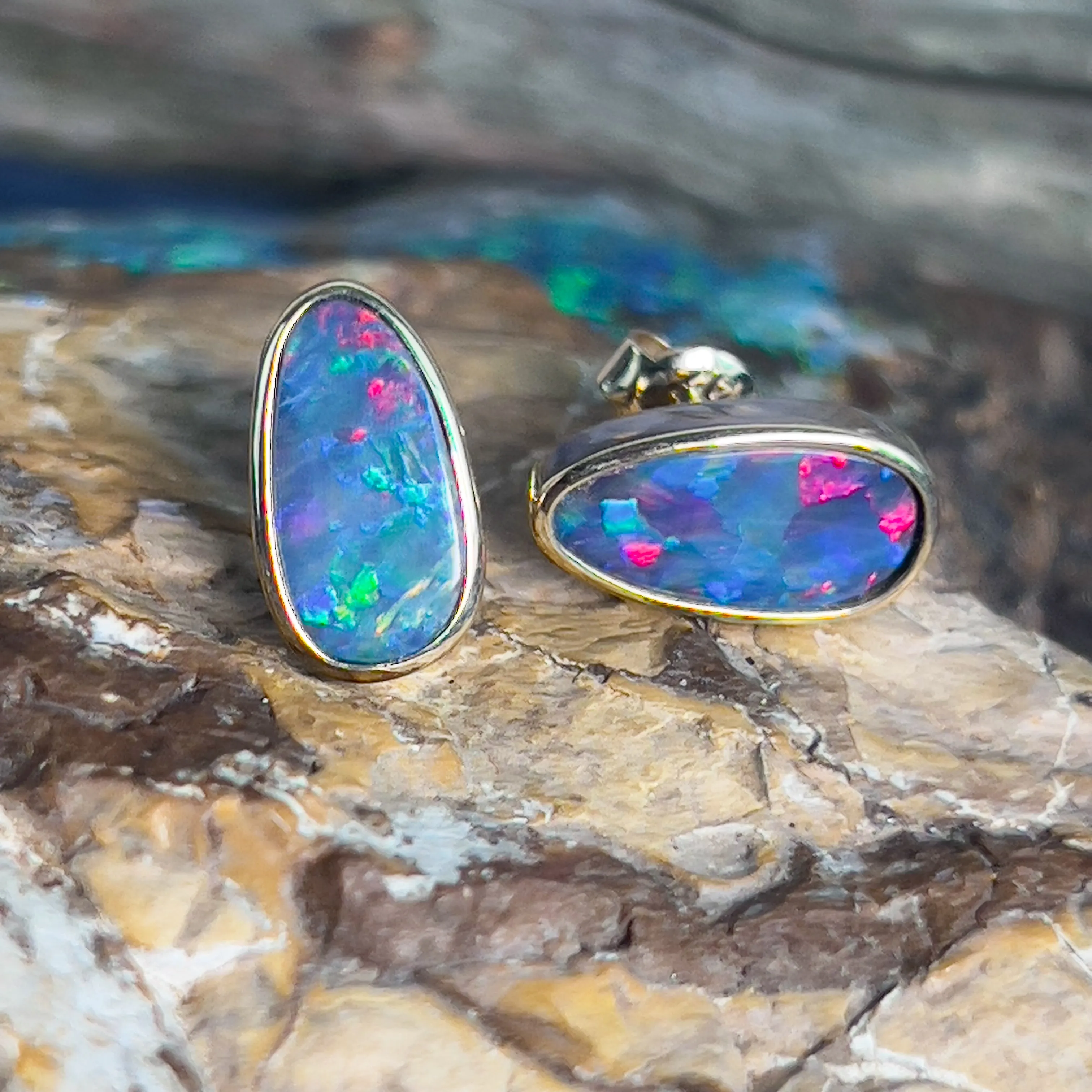 14kt long oval freeform Opal doublet studs