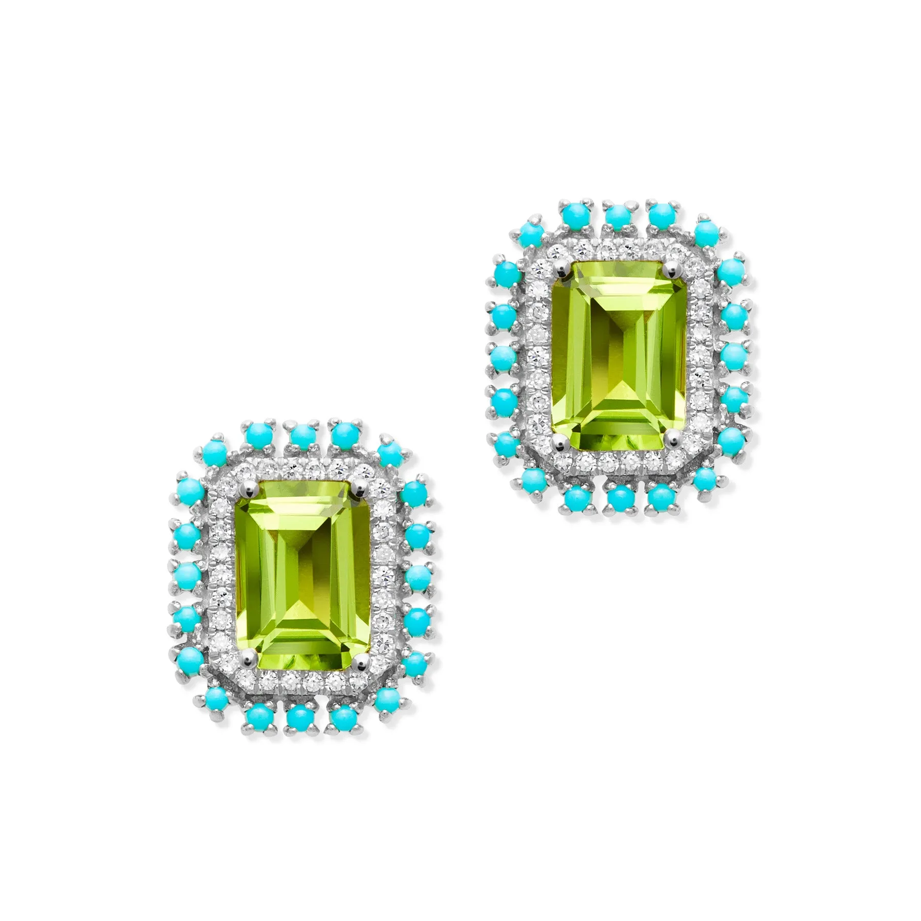 14KT White Gold Peridot Turquoise Diamond Monaco Stud Earrings