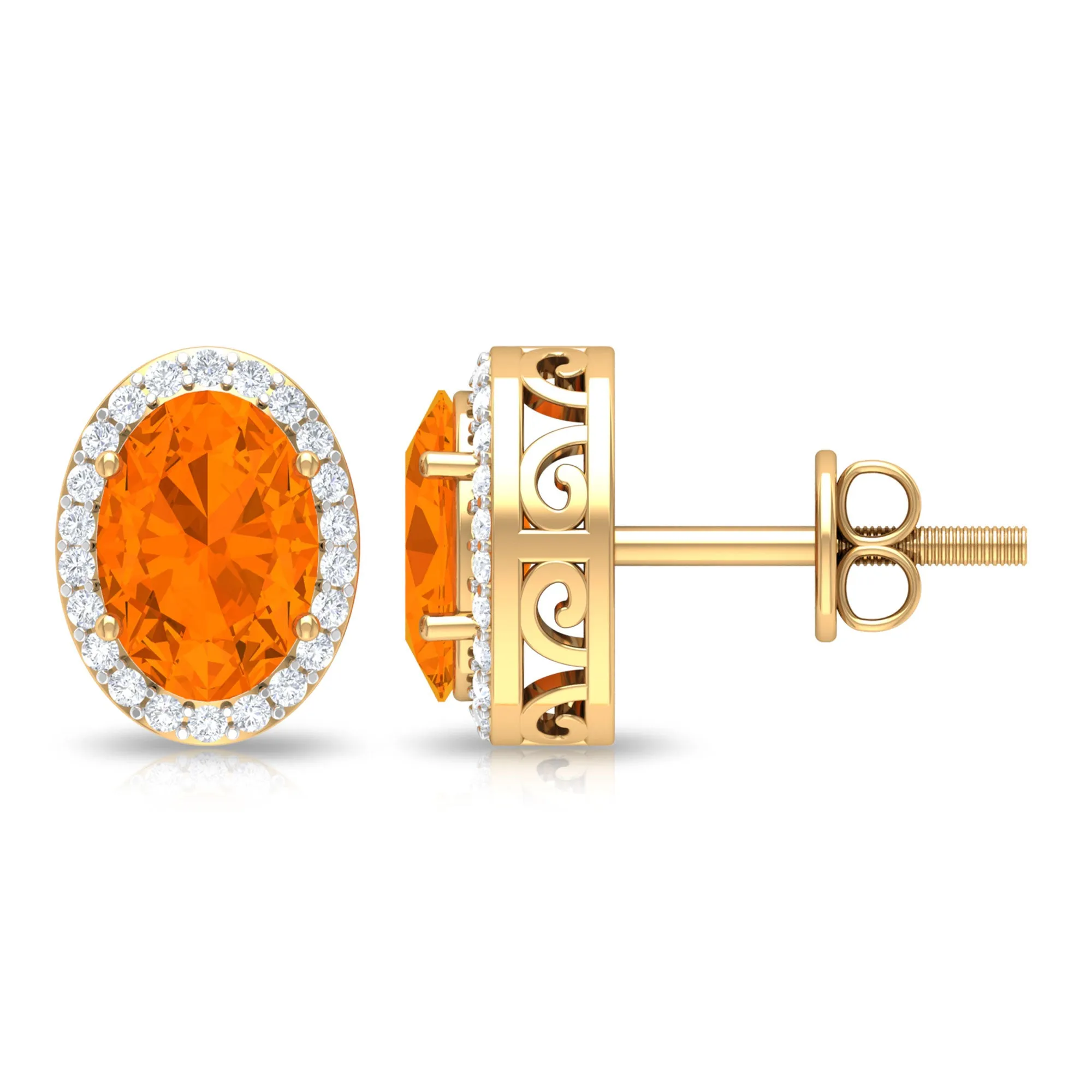 1.50 CT Oval Cut Fire Opal and Diamond Halo Stud Earrings