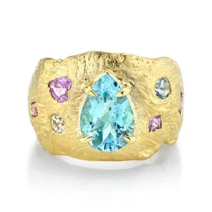 18k Atlantis Water Drop Aquamarine Ring with Pink Sapphire and Moonstone | Ready to Ship