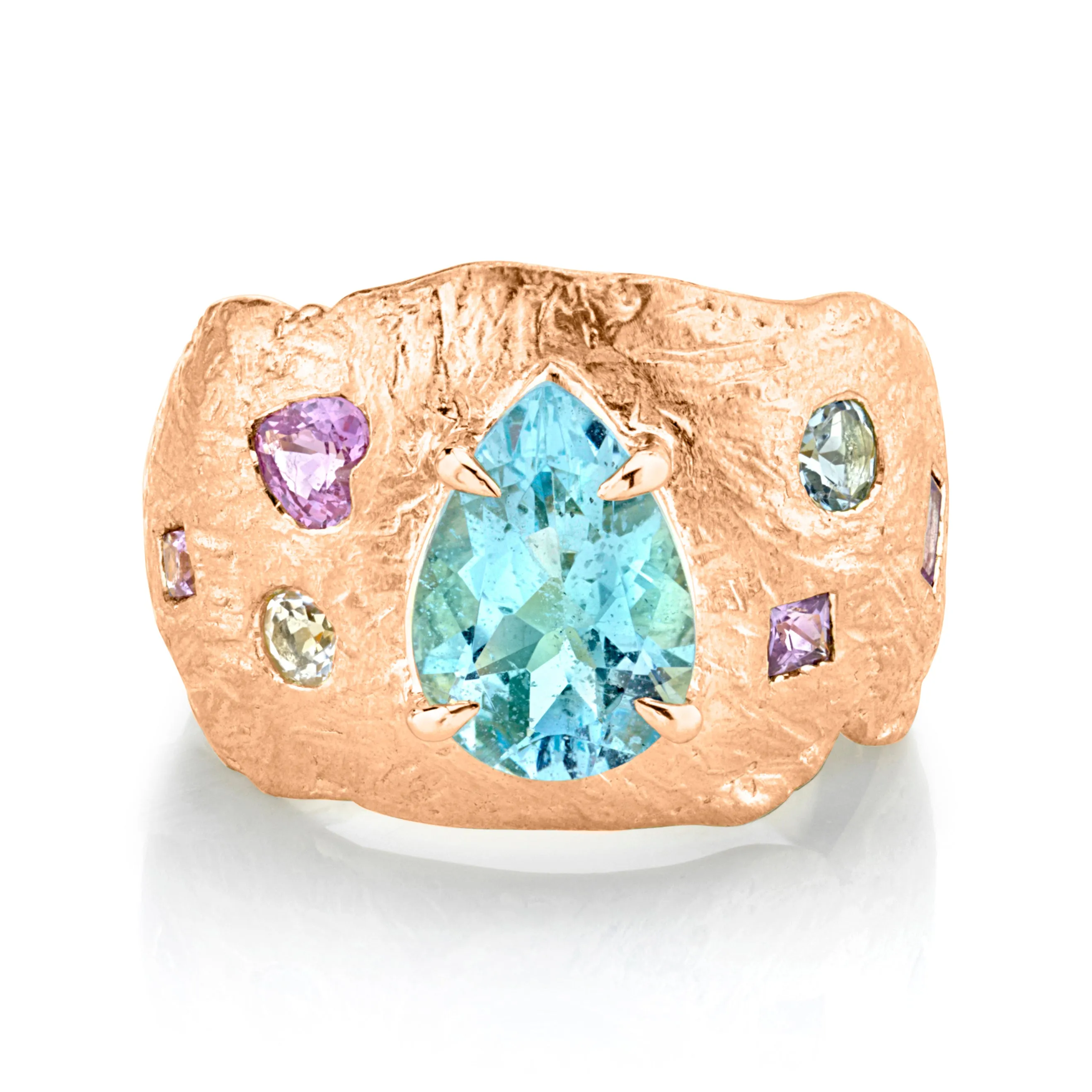 18k Atlantis Water Drop Aquamarine Ring with Pink Sapphire and Moonstone