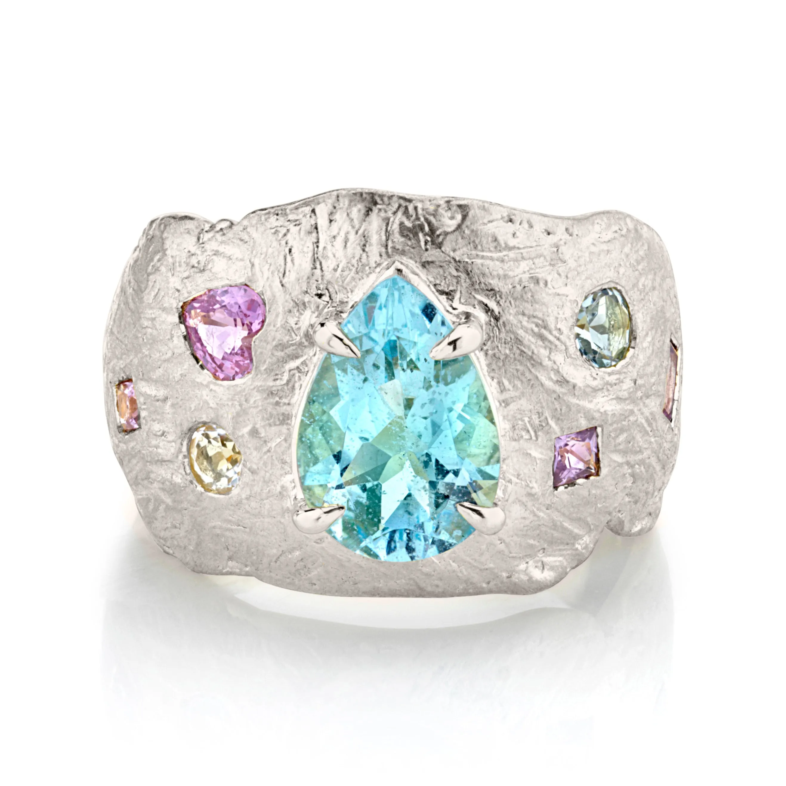 18k Atlantis Water Drop Aquamarine Ring with Pink Sapphire and Moonstone