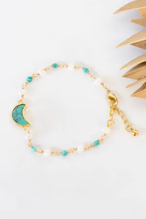 18K Crescent Moon Pearl & Turquoise Bracelet