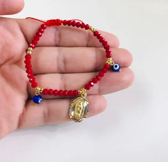 18K Gold Filled Red Beads Bracelet / Virgen de Guadalupe Bracelet / Adjustable Bracelet / Guadalupe Bracelet / Pulsera para Mujer / Pulsera de la Virgen de Guadalupe / Pulsera Mal de Ojo