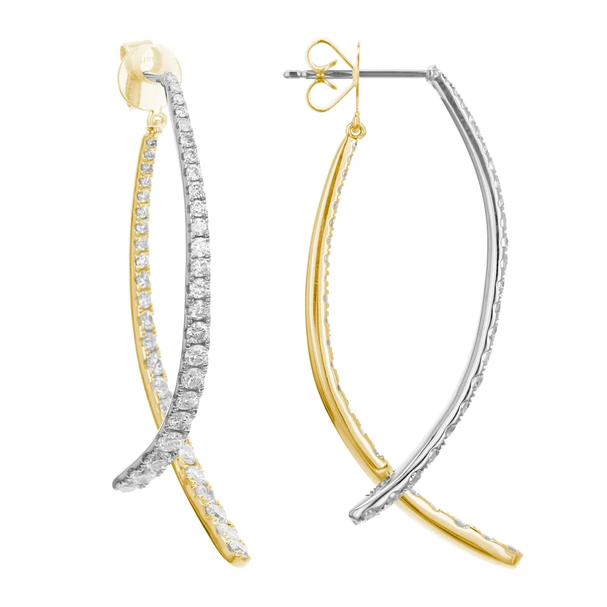 18K White and Yellow Gold Offset Split Diamond Hoop Earrings