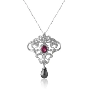 18K White gold necklace with diamonds tourmaline and pearl