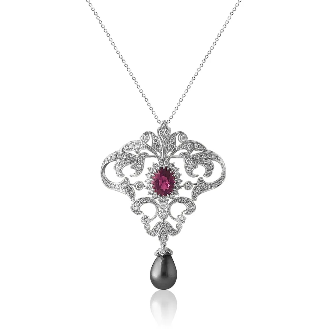 18K White gold necklace with diamonds tourmaline and pearl