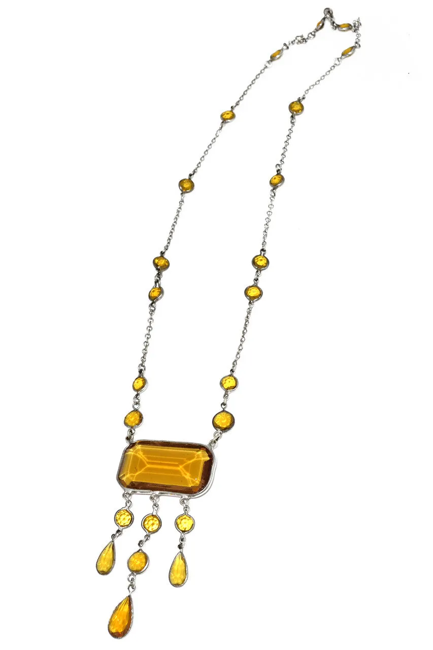 1920s Vintage Art Deco Necklace Bezel Set Amber Citrine Faceted Crystal