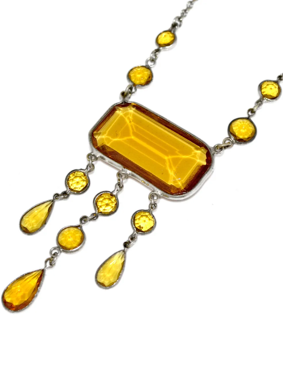 1920s Vintage Art Deco Necklace Bezel Set Amber Citrine Faceted Crystal