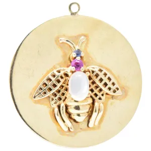 1940's Retro Moonstone Sapphire 14 Karat Gold Bee Charm Pendant