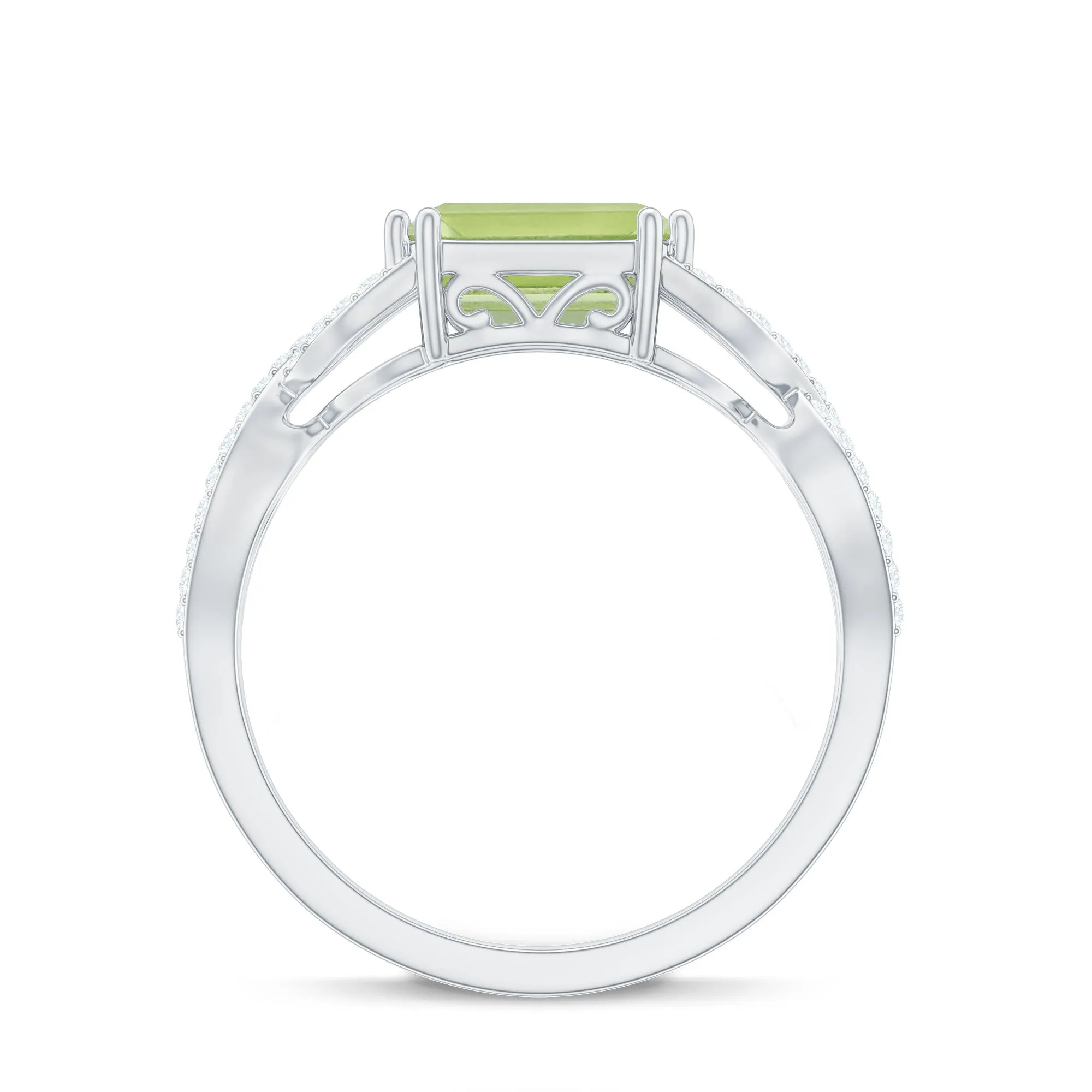 2 CT Emerald Cut Peridot East West Engagement Ring with Diamond