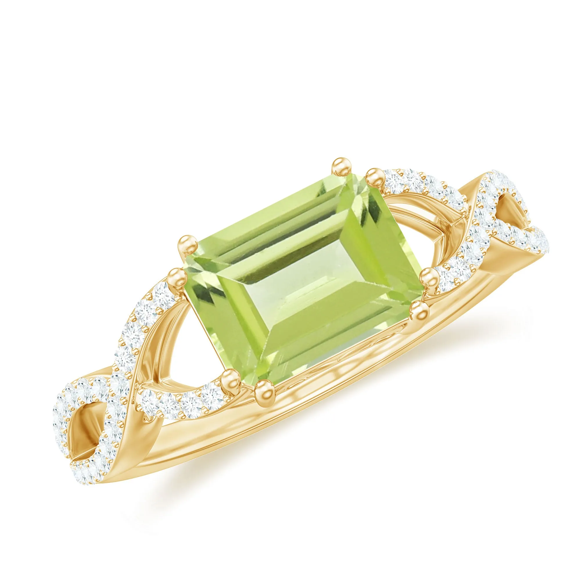 2 CT Emerald Cut Peridot East West Engagement Ring with Diamond