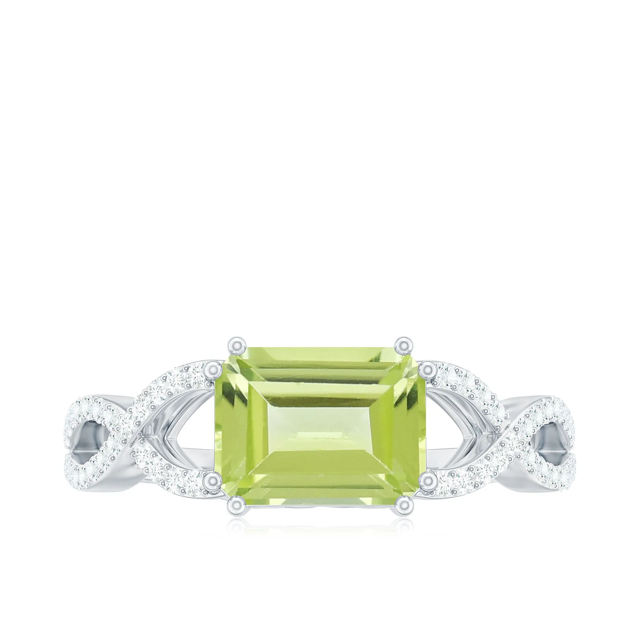 2 CT Emerald Cut Peridot East West Engagement Ring with Diamond