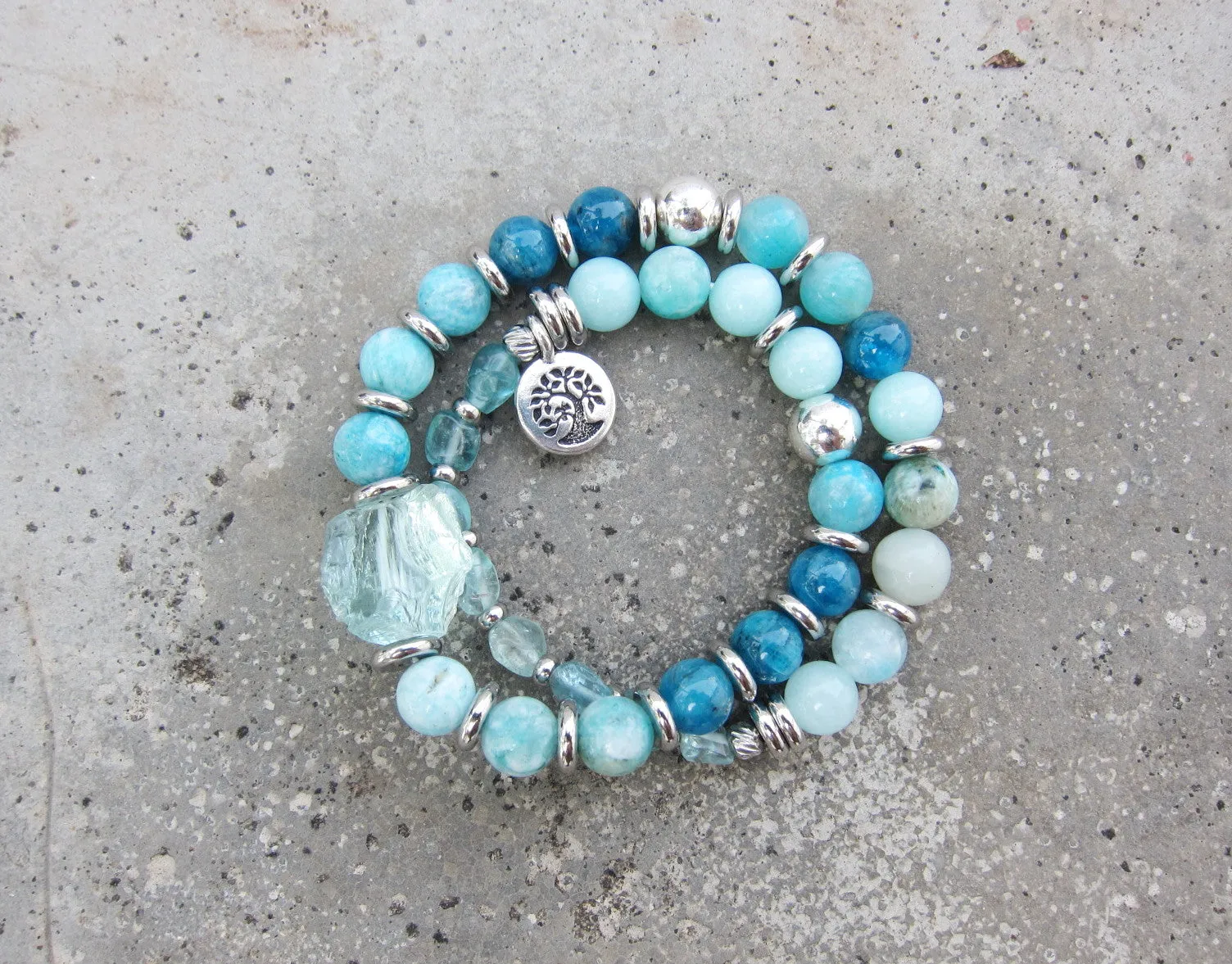 27 Beads in Natural Teal Blue Hemimorphite, Apatite   Blue Quartz Mala Bracelet