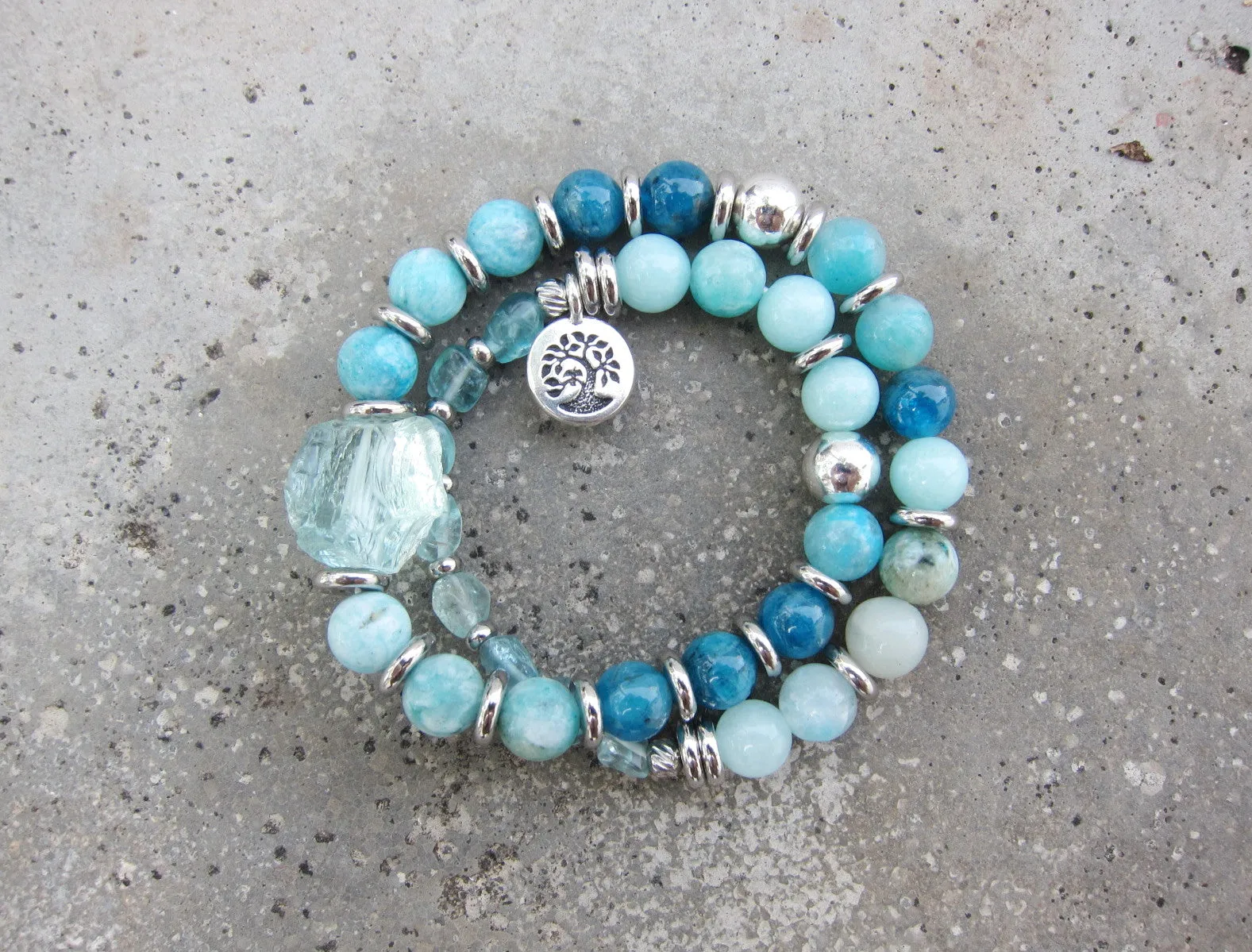 27 Beads in Natural Teal Blue Hemimorphite, Apatite   Blue Quartz Mala Bracelet