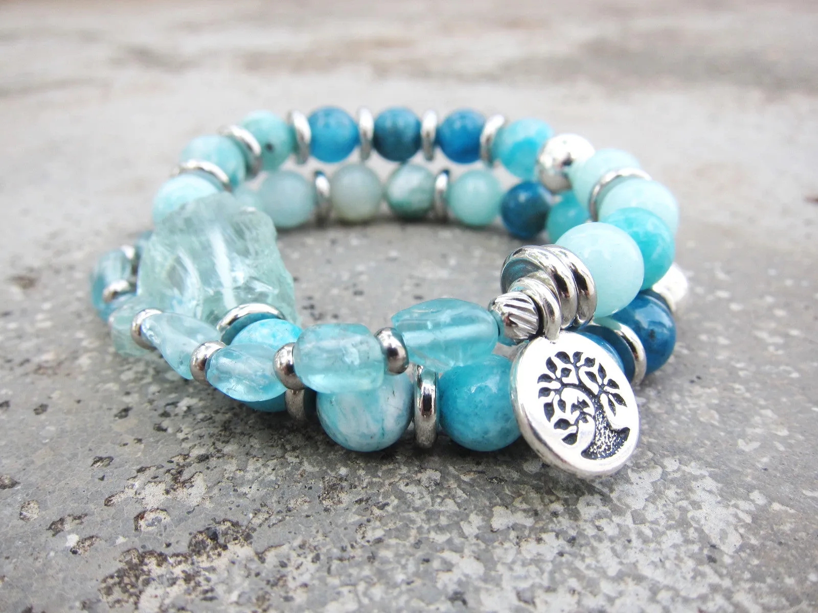 27 Beads in Natural Teal Blue Hemimorphite, Apatite   Blue Quartz Mala Bracelet