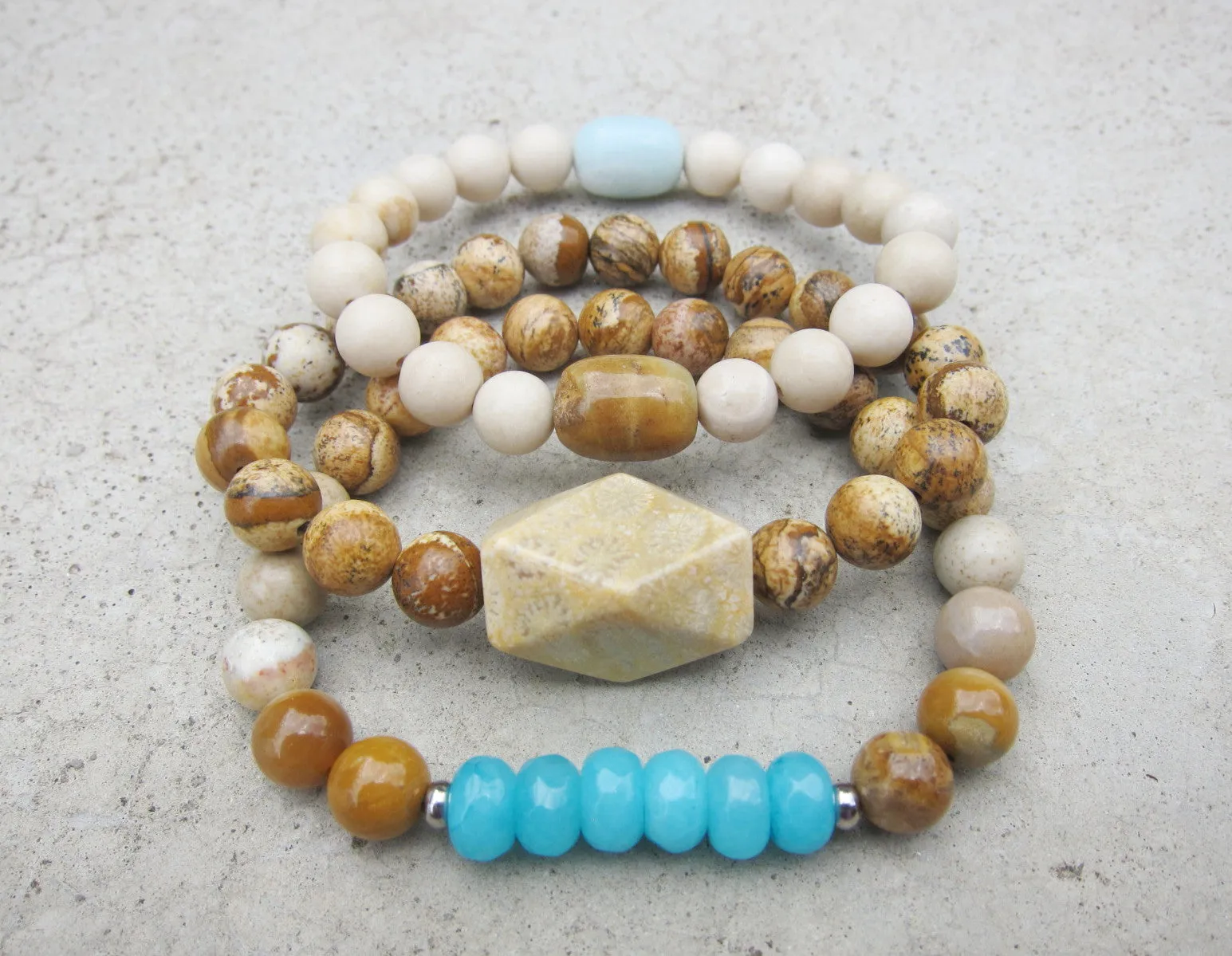 3 piece set - River Stone, Fossil Coral, Teal Blue Jade Mala Bracelets